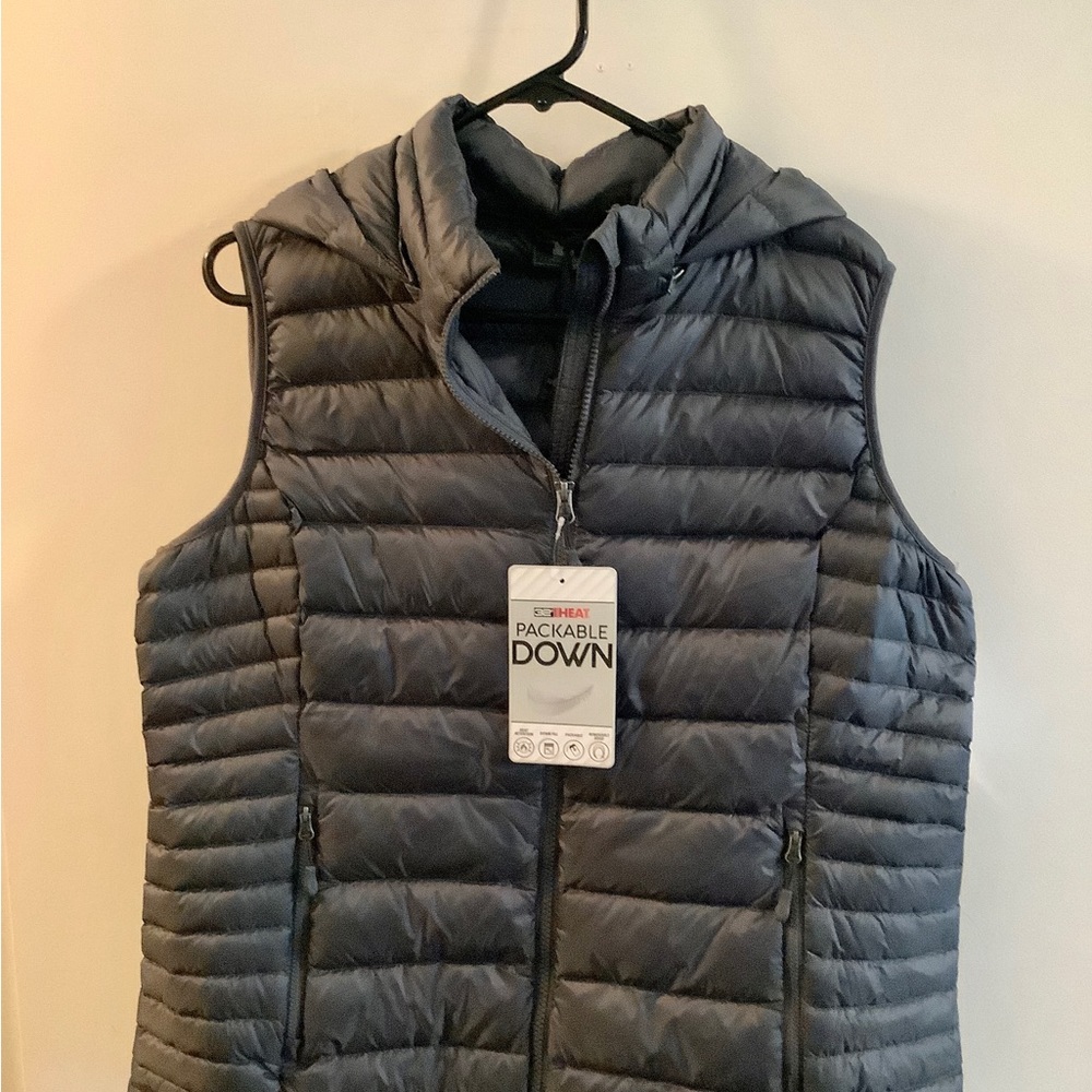 32 DEGREES Packable Hooded Down Puffer Vest in Periscope Gray